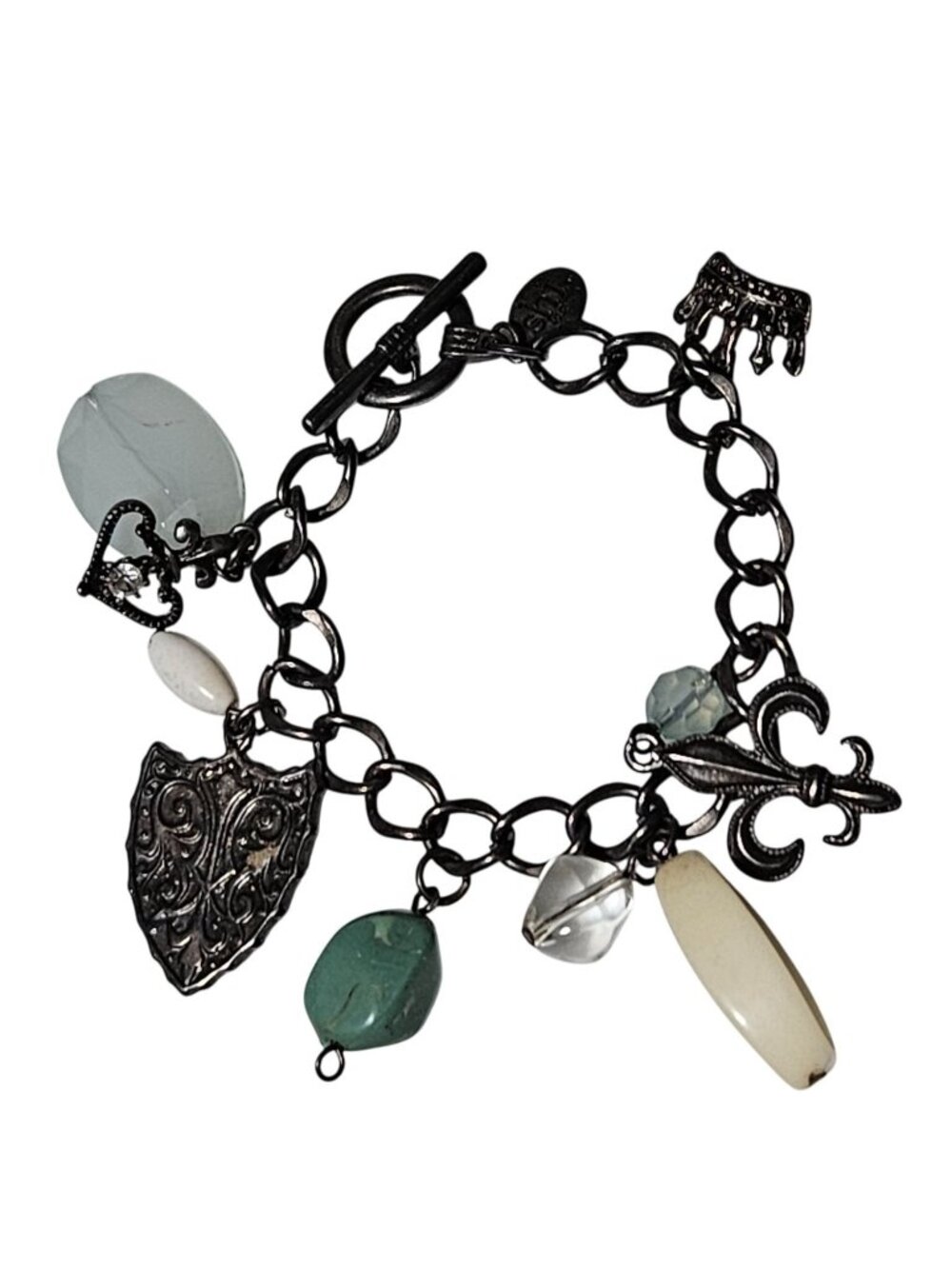 SHI by Journeys Charm Bracelet Fleur de Lis Shield Crown Gothic Silver Tone
